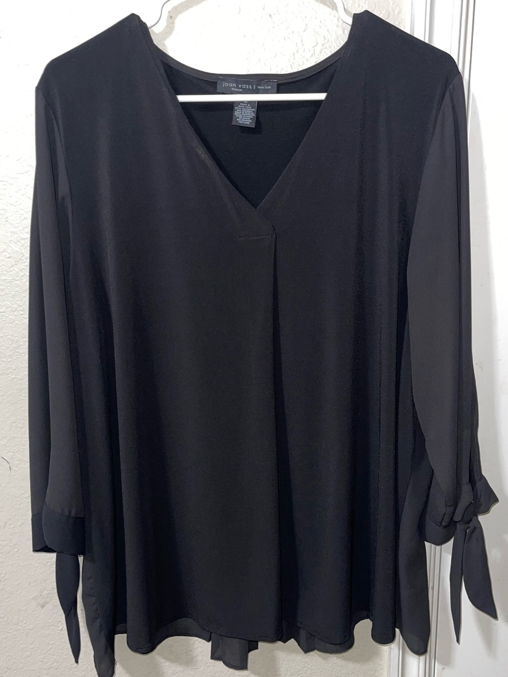 Joan Vass Black V-Neck Sheer Sleeve Tie-Cuff Blouse